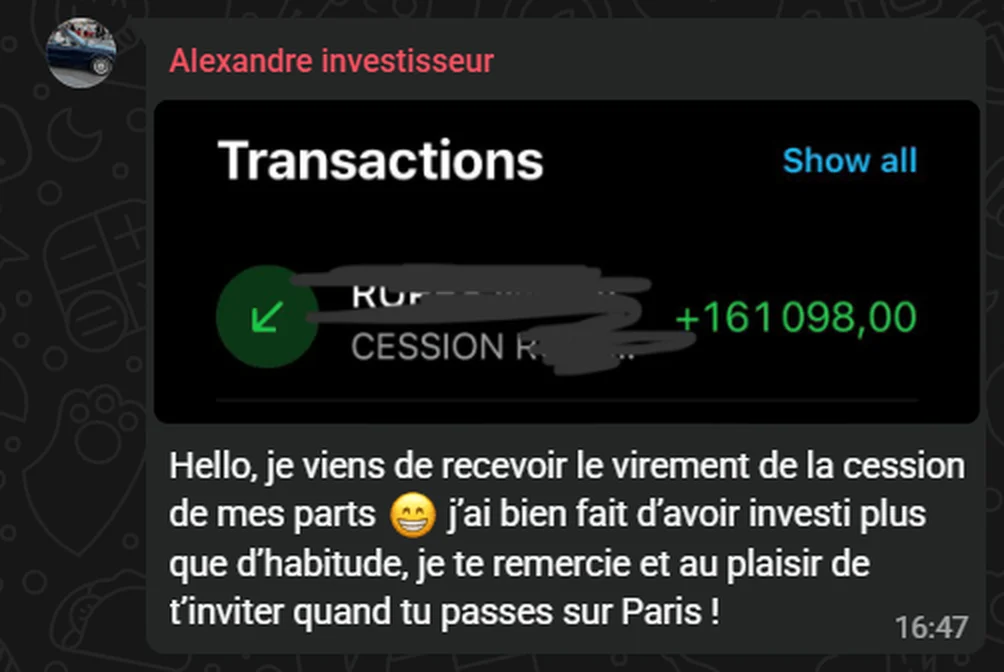 Message WhatsApp d'Alexandre : il vient de recevoir le virement de la cession de ses parts et me remercie