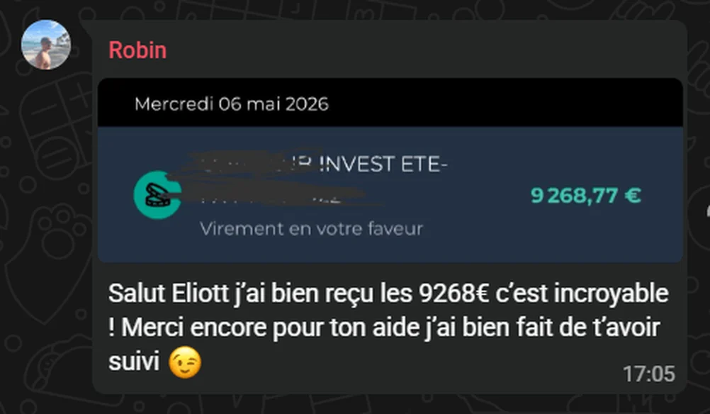 Message WhatsApp de Robin du 6 mai 2026 : il a bien reçu le virement de sa première revente