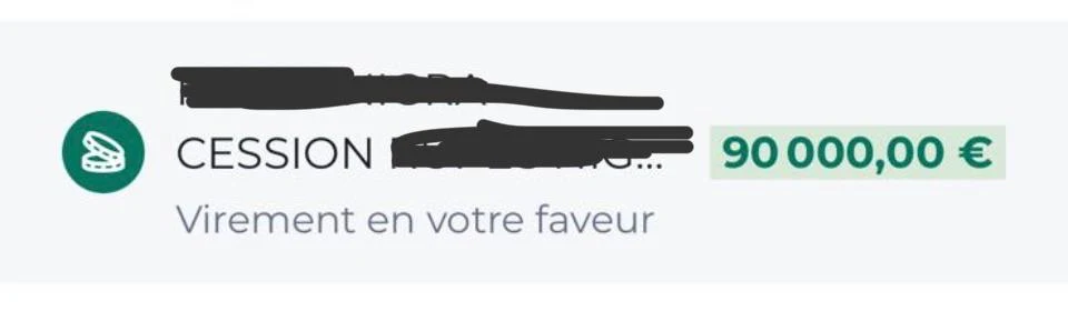 Capture d'un virement de cession reçu par une autre personne qui a investi à mes côtés